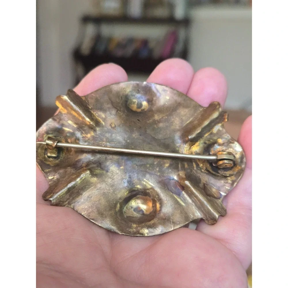VICTORIAN ANTIQUE LARGE PURPLE GLASS BRASS SASH PIN BROOCH ART NOUVEAU